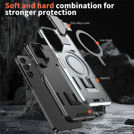 For Samsung Galaxy A16 4G / 5G Case Compatible with MagSafe Lens Lid Kickstand PC+TPU Back Cover