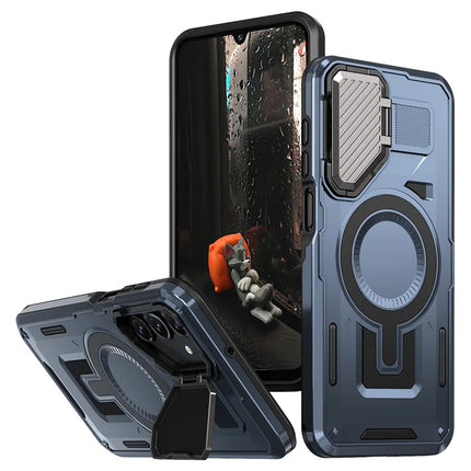 For Samsung Galaxy A16 4G / 5G Case Compatible with MagSafe Lens Lid Kickstand PC+TPU Back Cover - Blue