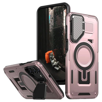 For Samsung Galaxy A16 4G / 5G Case Compatible with MagSafe Lens Lid Kickstand PC+TPU Back Cover - Rose Gold