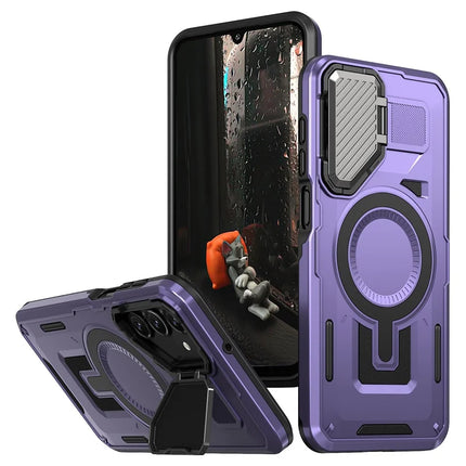 For Samsung Galaxy A16 4G / 5G Case Compatible with MagSafe Lens Lid Kickstand PC+TPU Back Cover - Purple