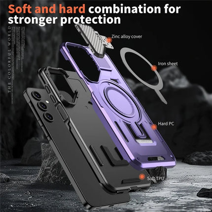 For Samsung Galaxy A16 4G / 5G Case Compatible with MagSafe Lens Lid Kickstand PC+TPU Back Cover