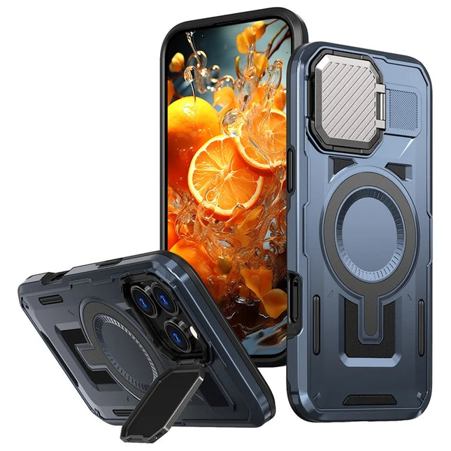 For iPhone 16 Pro Max Case Compatible with MagSafe Lens Lid Kickstand PC+TPU Back Cover - Blue