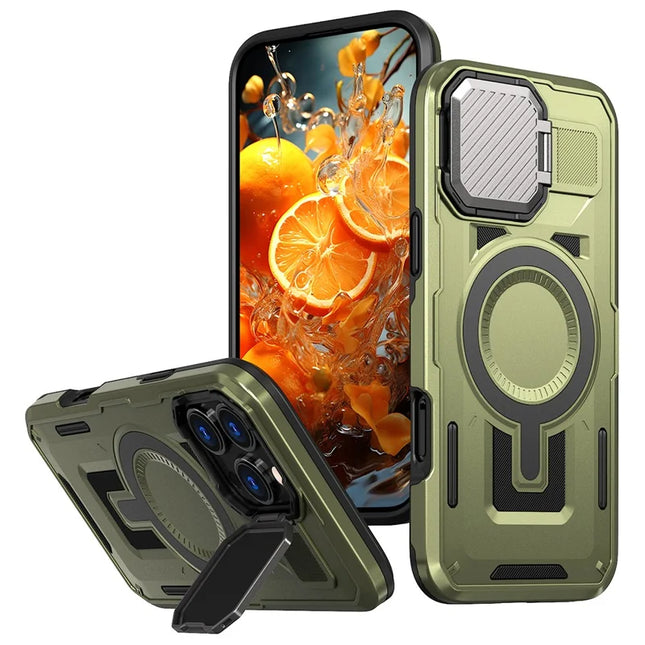 For iPhone 16 Pro Max Case Compatible with MagSafe Lens Lid Kickstand PC+TPU Back Cover - Olive Green