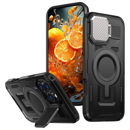 For iPhone 16 Pro Max Case Compatible with MagSafe Lens Lid Kickstand PC+TPU Back Cover - Black