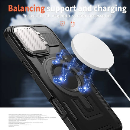 For iPhone 16 Pro Max Case Compatible with MagSafe Lens Lid Kickstand PC+TPU Back Cover