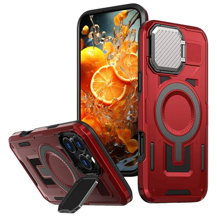 For iPhone 16 Pro Max Case Compatible with MagSafe Lens Lid Kickstand PC+TPU Back Cover - Red