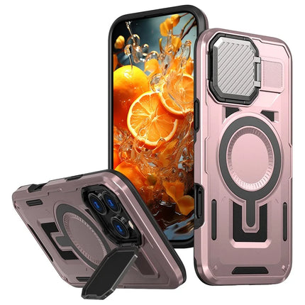 For iPhone 16 Pro Max Case Compatible with MagSafe Lens Lid Kickstand PC+TPU Back Cover - Rose Gold
