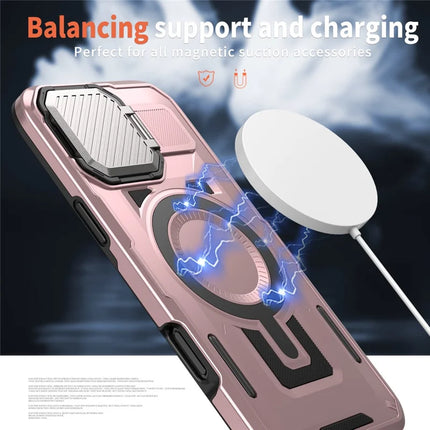 For iPhone 16 Pro Max Case Compatible with MagSafe Lens Lid Kickstand PC+TPU Back Cover