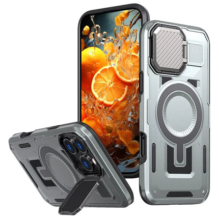 For iPhone 16 Pro Max Case Compatible with MagSafe Lens Lid Kickstand PC+TPU Back Cover - Silver