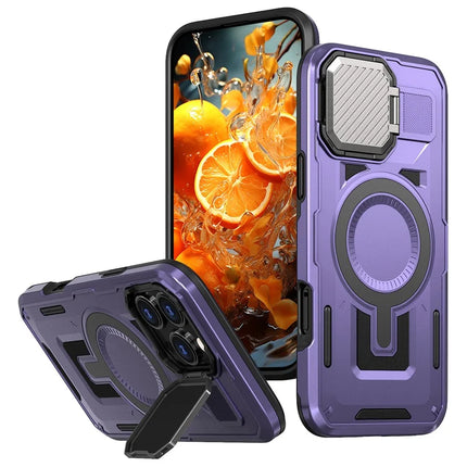 For iPhone 16 Pro Max Case Compatible with MagSafe Lens Lid Kickstand PC+TPU Back Cover - Purple