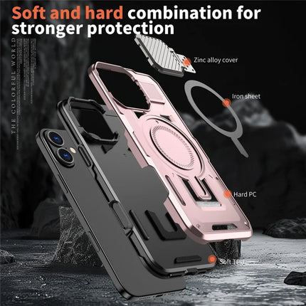 For iPhone 16 Case Compatible with MagSafe Lens Lid Kickstand PC+TPU Back Cover
