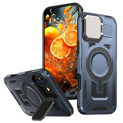 For iPhone 16 Plus Case Compatible with MagSafe Lens Lid Kickstand PC+TPU Back Cover - Blue