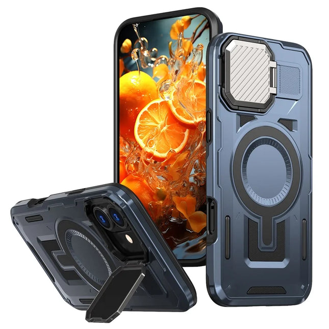 For iPhone 16 Plus Case Compatible with MagSafe Lens Lid Kickstand PC+TPU Back Cover - Blue