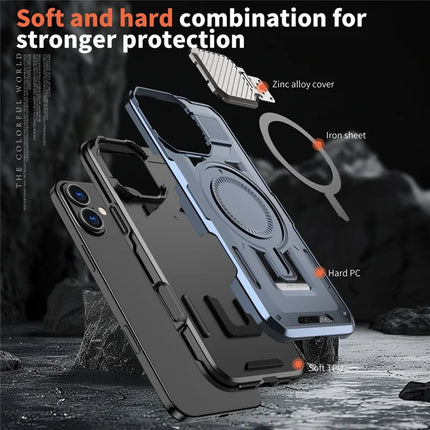 For iPhone 16 Plus Case Compatible with MagSafe Lens Lid Kickstand PC+TPU Back Cover