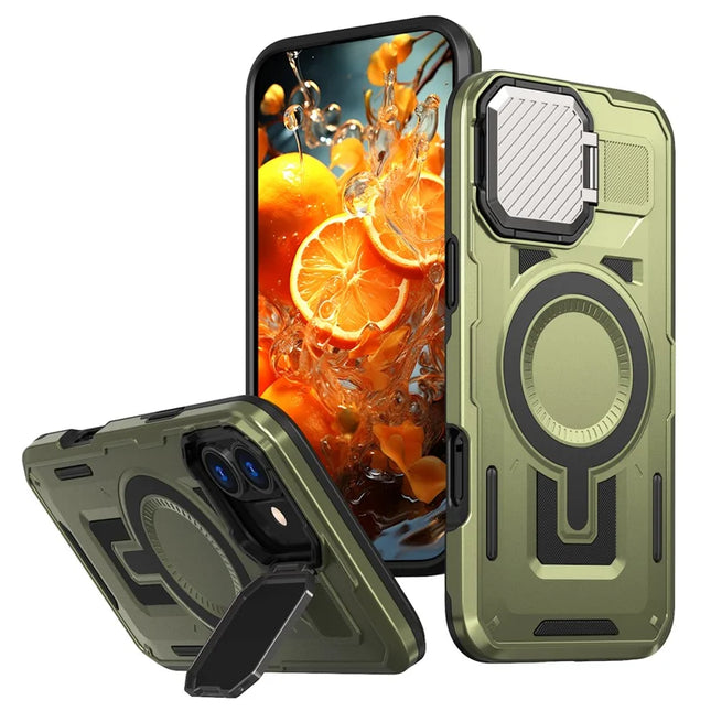 For iPhone 16 Plus Case Compatible with MagSafe Lens Lid Kickstand PC+TPU Back Cover - Olive Green
