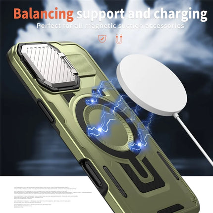For iPhone 16 Plus Case Compatible with MagSafe Lens Lid Kickstand PC+TPU Back Cover