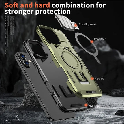For iPhone 16 Plus Case Compatible with MagSafe Lens Lid Kickstand PC+TPU Back Cover