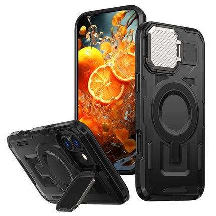 For iPhone 16 Plus Case Compatible with MagSafe Lens Lid Kickstand PC+TPU Back Cover - Black