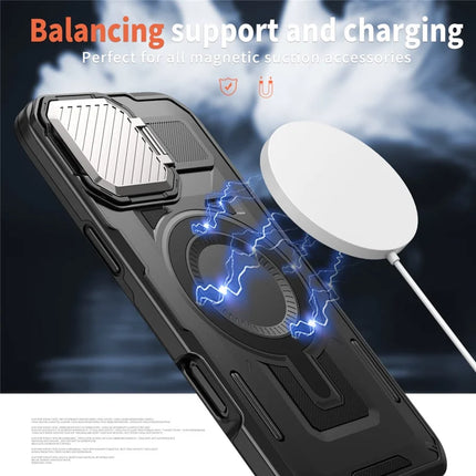 For iPhone 16 Plus Case Compatible with MagSafe Lens Lid Kickstand PC+TPU Back Cover