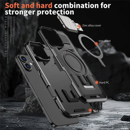 For iPhone 16 Plus Case Compatible with MagSafe Lens Lid Kickstand PC+TPU Back Cover