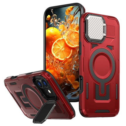 For iPhone 16 Plus Case Compatible with MagSafe Lens Lid Kickstand PC+TPU Back Cover - Red