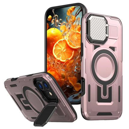For iPhone 16 Plus Case Compatible with MagSafe Lens Lid Kickstand PC+TPU Back Cover - Rose Gold