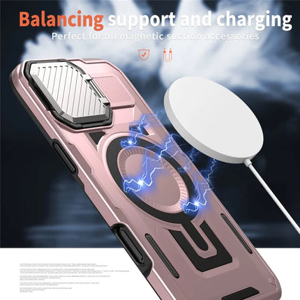 For iPhone 16 Plus Case Compatible with MagSafe Lens Lid Kickstand PC+TPU Back Cover