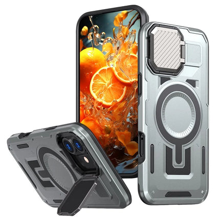For iPhone 16 Plus Case Compatible with MagSafe Lens Lid Kickstand PC+TPU Back Cover - Silver