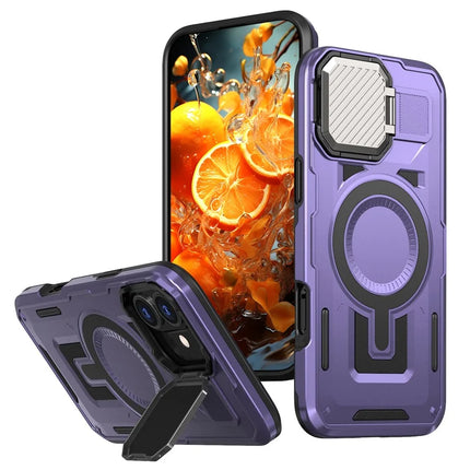 For iPhone 16 Plus Case Compatible with MagSafe Lens Lid Kickstand PC+TPU Back Cover - Purple