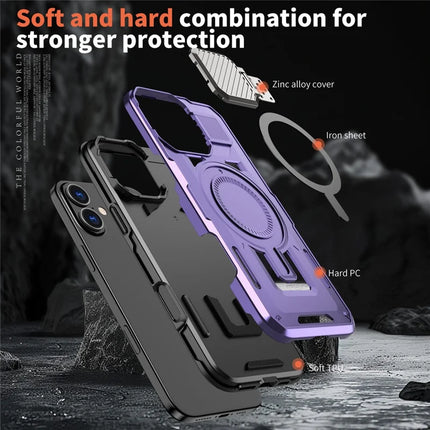 For iPhone 16 Plus Case Compatible with MagSafe Lens Lid Kickstand PC+TPU Back Cover