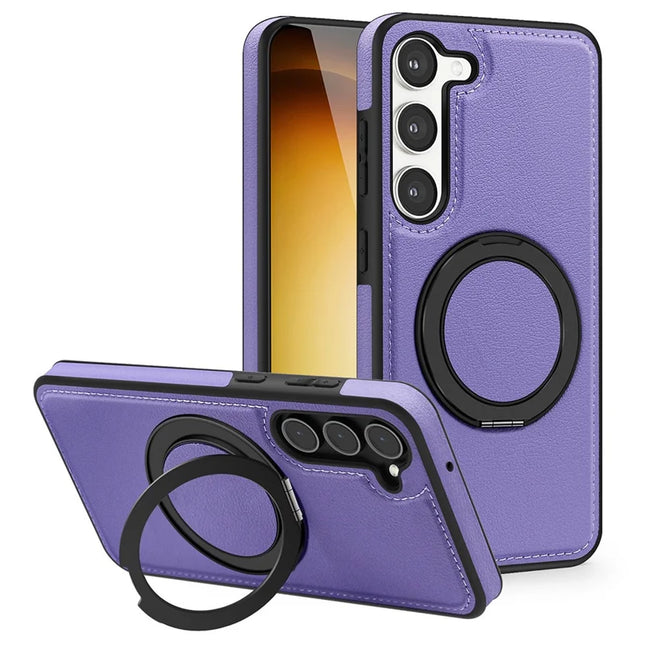 For Samsung Galaxy S23 Magnetic Case Rotate Ring Kickstand PU Leather+PC+TPU Back Cover - Purple