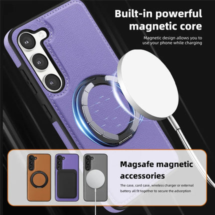 For Samsung Galaxy S23 Magnetic Case Rotate Ring Kickstand PU Leather+PC+TPU Back Cover