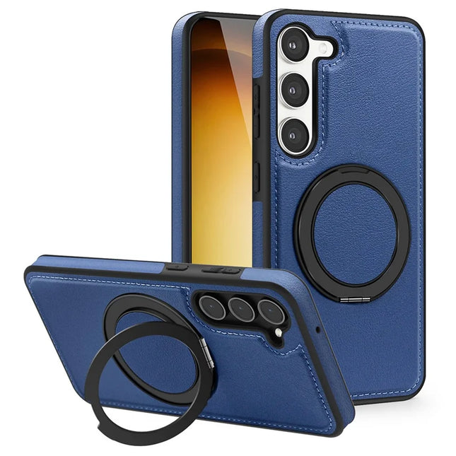 For Samsung Galaxy S23 Magnetic Case Rotate Ring Kickstand PU Leather+PC+TPU Back Cover - Blue