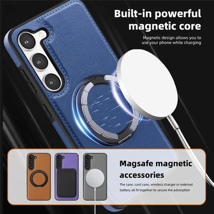 For Samsung Galaxy S23 Magnetic Case Rotate Ring Kickstand PU Leather+PC+TPU Back Cover