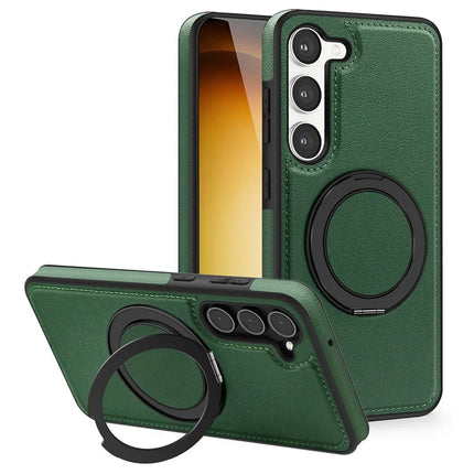 For Samsung Galaxy S23 Magnetic Case Rotate Ring Kickstand PU Leather+PC+TPU Back Cover - Dark Green