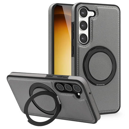 For Samsung Galaxy S23 Magnetic Case Rotate Ring Kickstand PU Leather+PC+TPU Back Cover - Grey