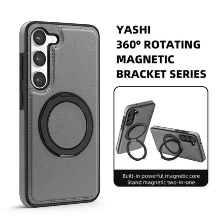 For Samsung Galaxy S23 Magnetic Case Rotate Ring Kickstand PU Leather+PC+TPU Back Cover