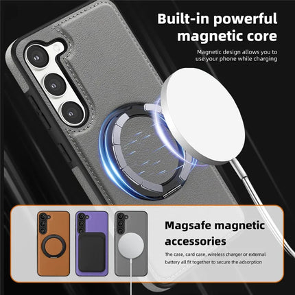 For Samsung Galaxy S23 Magnetic Case Rotate Ring Kickstand PU Leather+PC+TPU Back Cover
