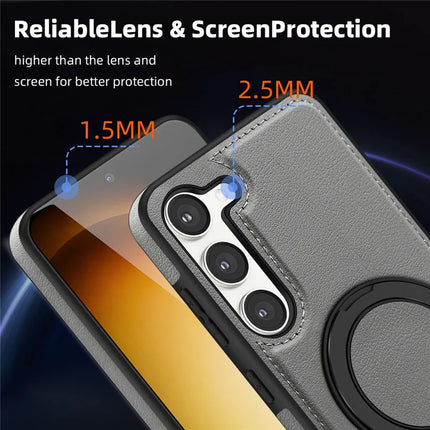 For Samsung Galaxy S23 Magnetic Case Rotate Ring Kickstand PU Leather+PC+TPU Back Cover