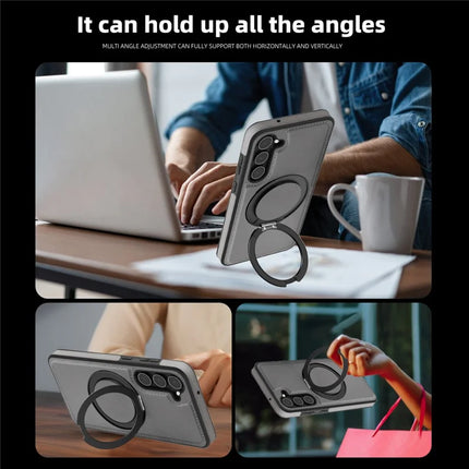 For Samsung Galaxy S23 Magnetic Case Rotate Ring Kickstand PU Leather+PC+TPU Back Cover