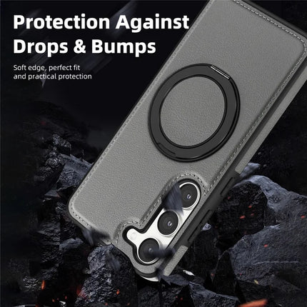 For Samsung Galaxy S23 Magnetic Case Rotate Ring Kickstand PU Leather+PC+TPU Back Cover