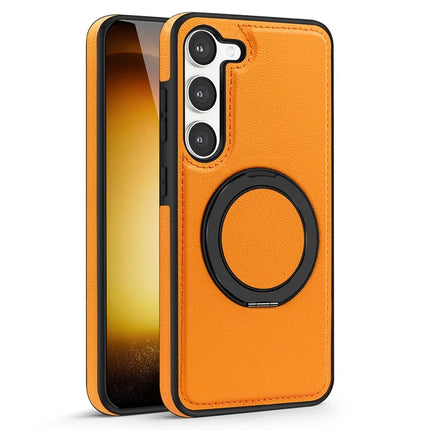 For Samsung Galaxy S23 Magnetic Case Rotate Ring Kickstand PU Leather+PC+TPU Back Cover