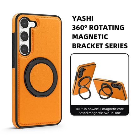 For Samsung Galaxy S23 Magnetic Case Rotate Ring Kickstand PU Leather+PC+TPU Back Cover