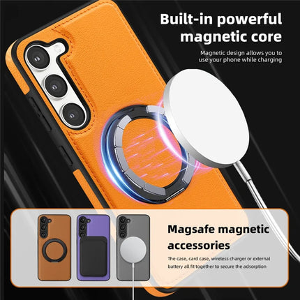 For Samsung Galaxy S23 Magnetic Case Rotate Ring Kickstand PU Leather+PC+TPU Back Cover