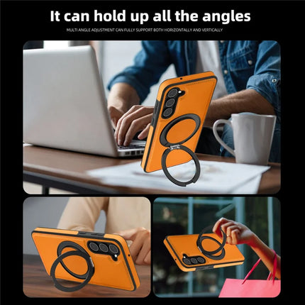 For Samsung Galaxy S23 Magnetic Case Rotate Ring Kickstand PU Leather+PC+TPU Back Cover