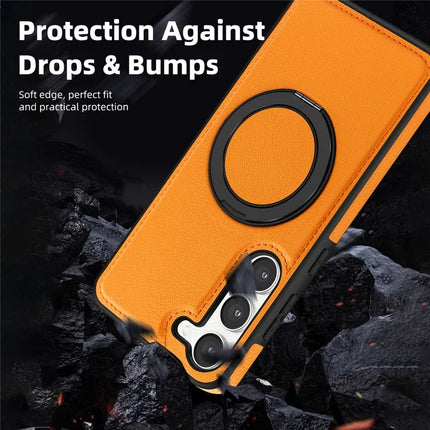 For Samsung Galaxy S23 Magnetic Case Rotate Ring Kickstand PU Leather+PC+TPU Back Cover