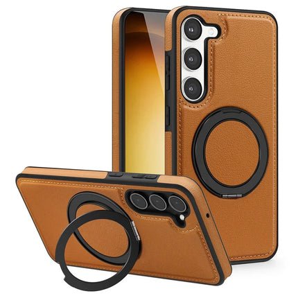 For Samsung Galaxy S23 Magnetic Case Rotate Ring Kickstand PU Leather+PC+TPU Back Cover - Brown