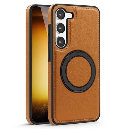For Samsung Galaxy S23 Magnetic Case Rotate Ring Kickstand PU Leather+PC+TPU Back Cover