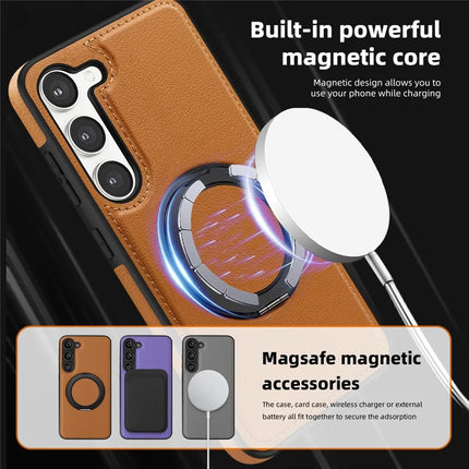 For Samsung Galaxy S23 Magnetic Case Rotate Ring Kickstand PU Leather+PC+TPU Back Cover