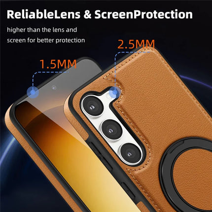 For Samsung Galaxy S23 Magnetic Case Rotate Ring Kickstand PU Leather+PC+TPU Back Cover